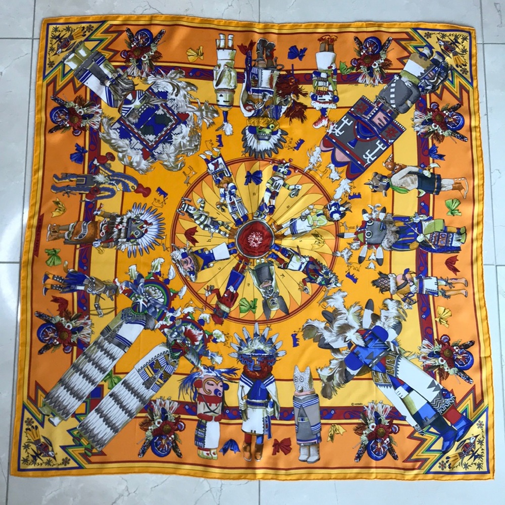 Hermès Scarf 90cm TRIBAL MASKS bright Orange Gold